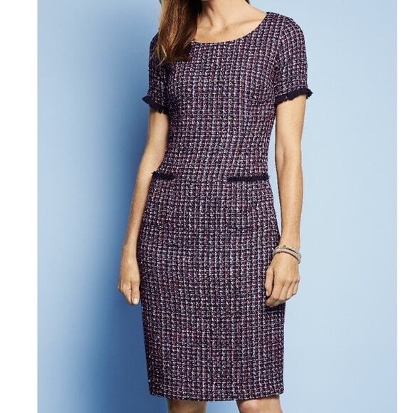 Talbots Red Blue Fringe Tweed Short Sleeve Pockets Sheath Dress Plus Size 16 - Picture 1 of 10